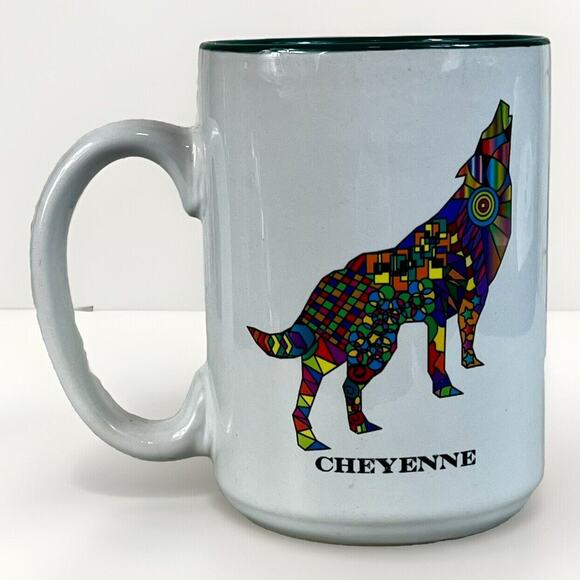 Howling Wolf CHEYENNE Colorblock Souvenir Mug - White w/ Studio Art Wolf - Picture 3 of 6